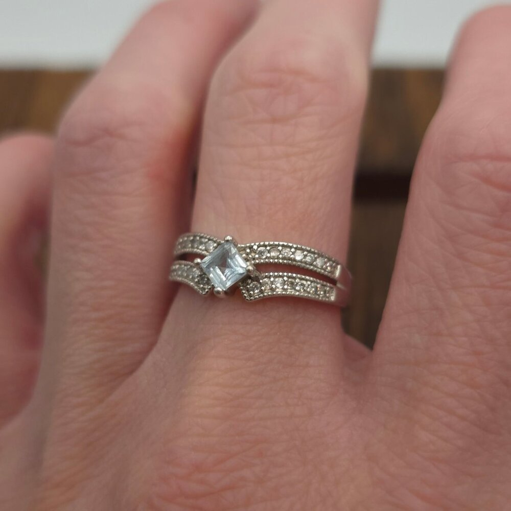 Size 8.75 925 Sterling Silver Aquamarine And Cubic Zirconia Ring A17 - Picture 3 of 8